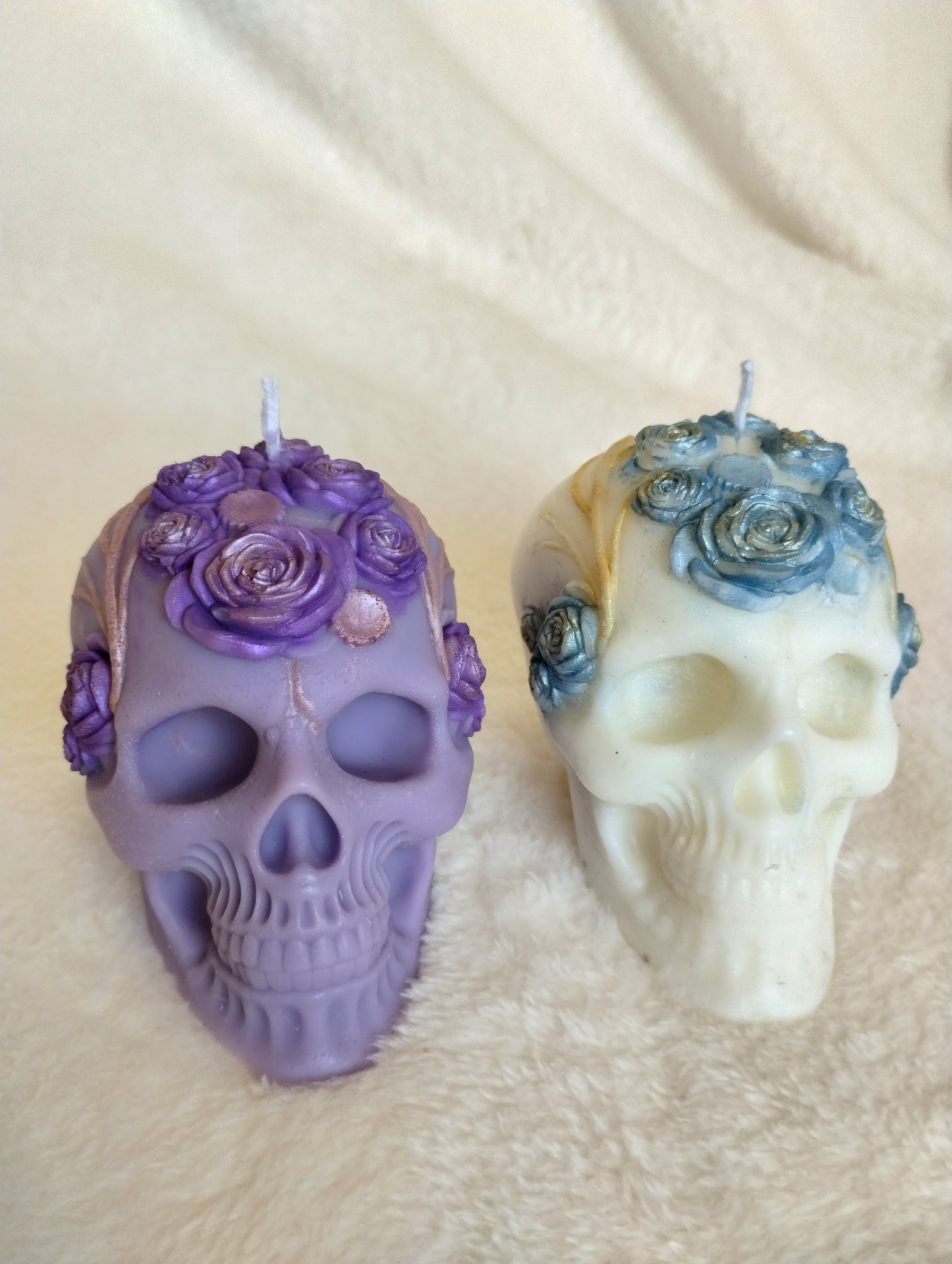 Skull Candle with Floral Details - gothic decor - hand detailed