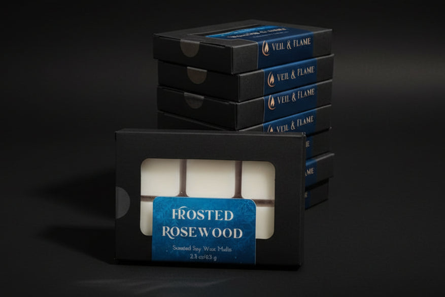 Box of Frosted Rosewood wax melts in on a table with a blurred background