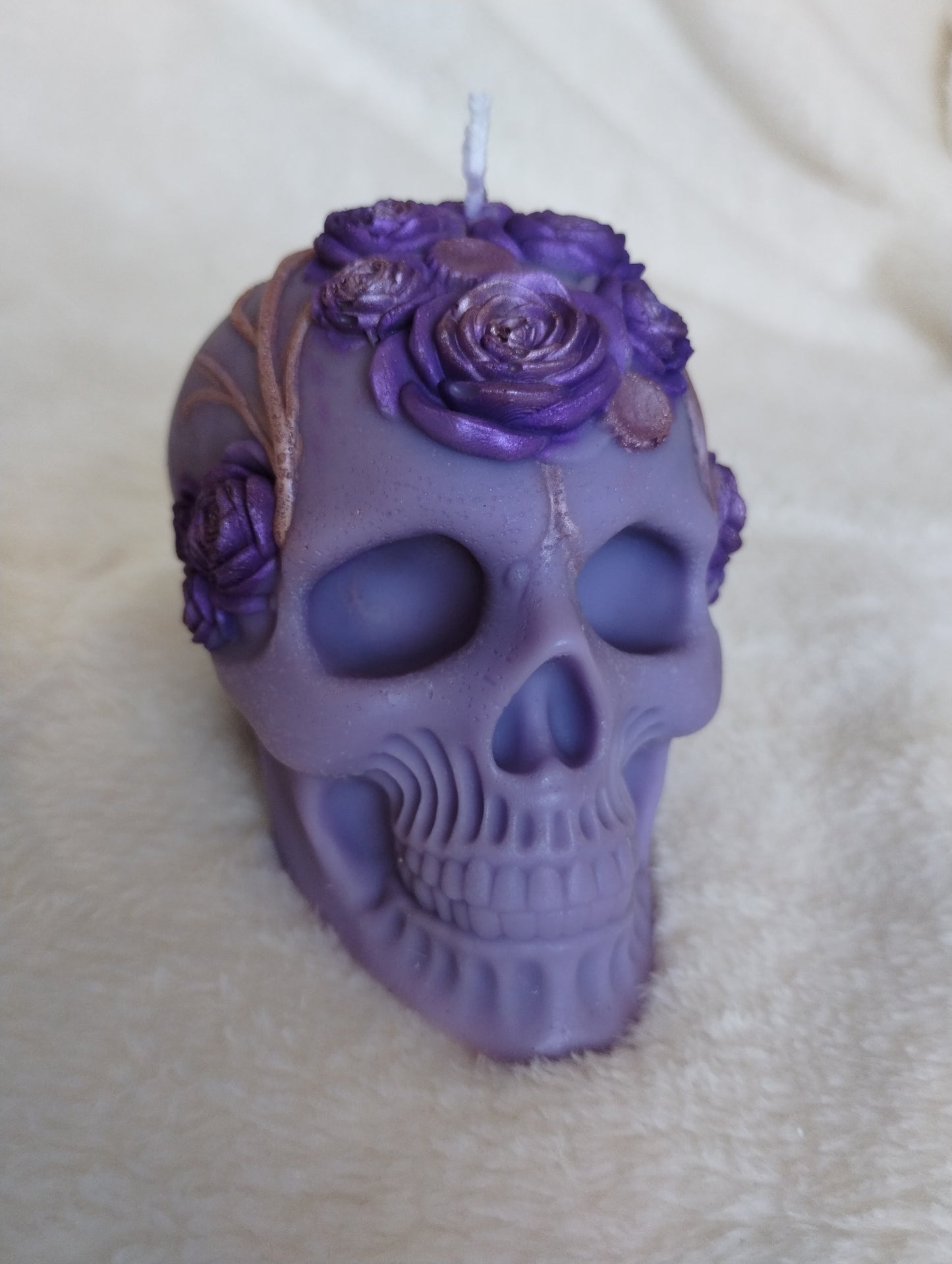 Skull Candle with Floral Details - gothic decor - hand detailed