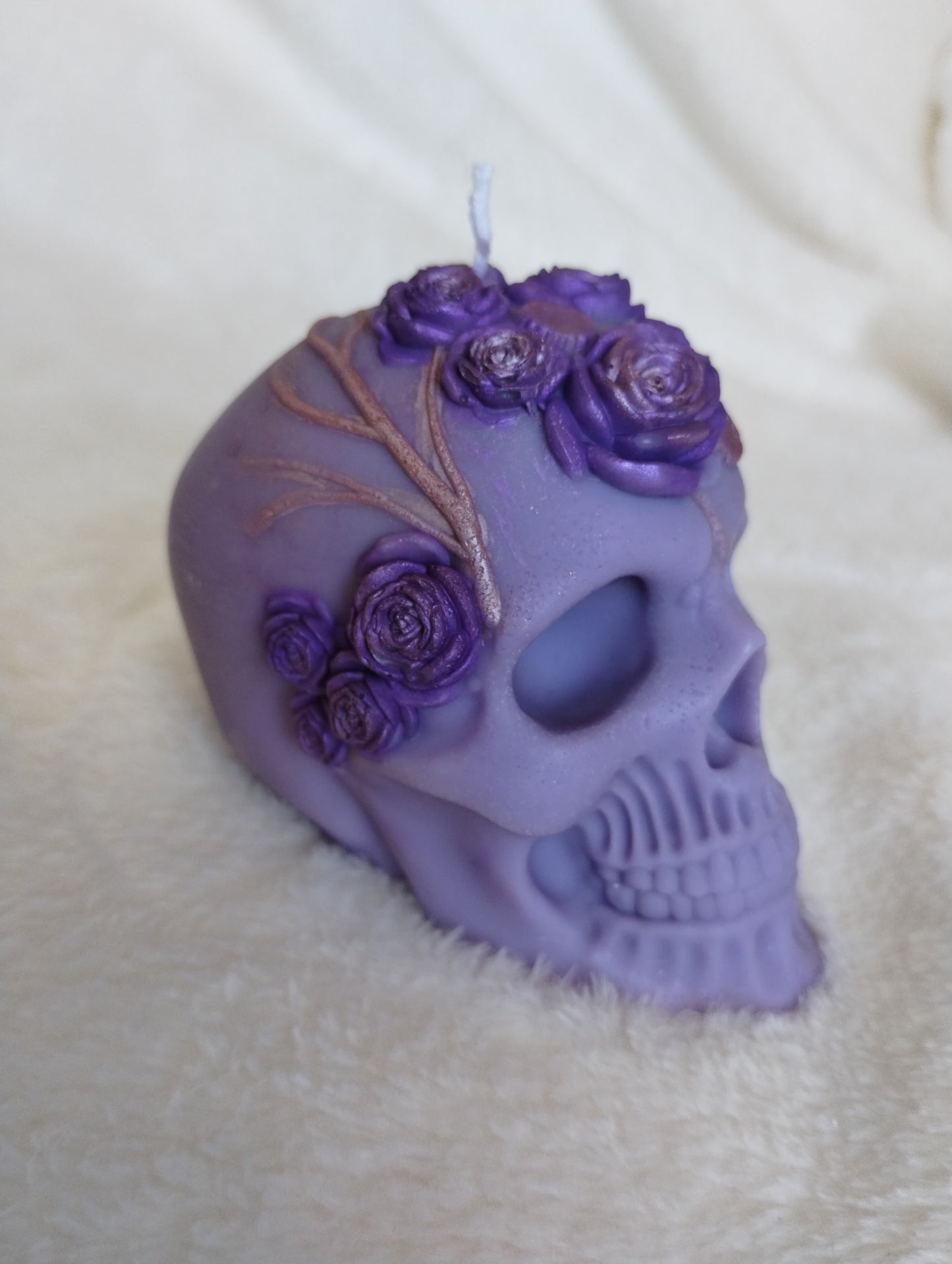 Skull Candle with Floral Details - gothic decor - hand detailed