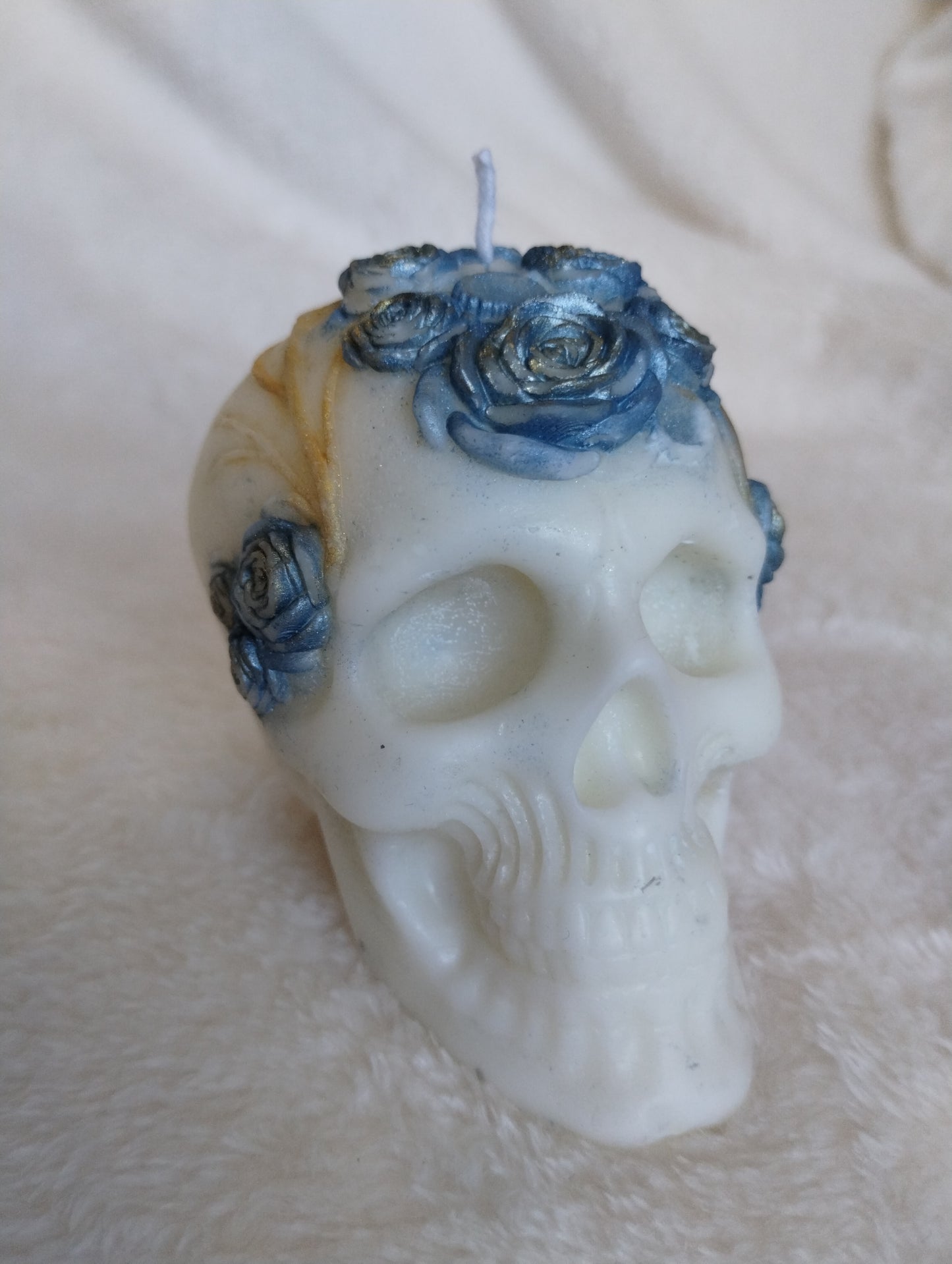 Skull Candle with Floral Details - gothic decor - hand detailed
