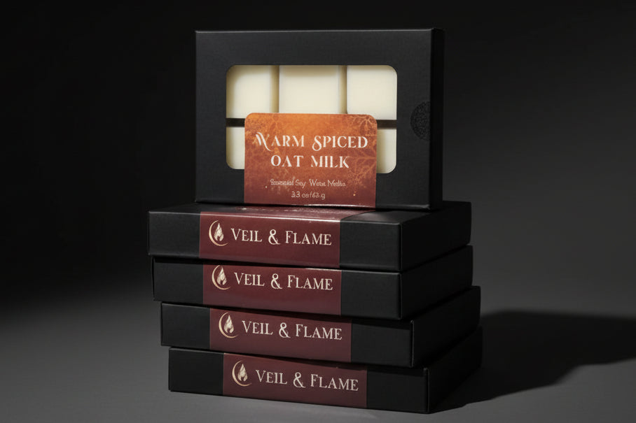 Veil & Flame wax melts in black box with window displayed on a wooden surface with a blurred store background