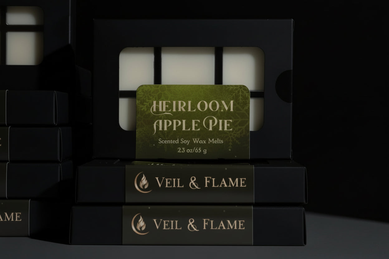 Set of wax melts with visible brand names on a wooden surface. Brand is Veil & Flame. Stacked black boxes of wax melts in apple pie scent. 